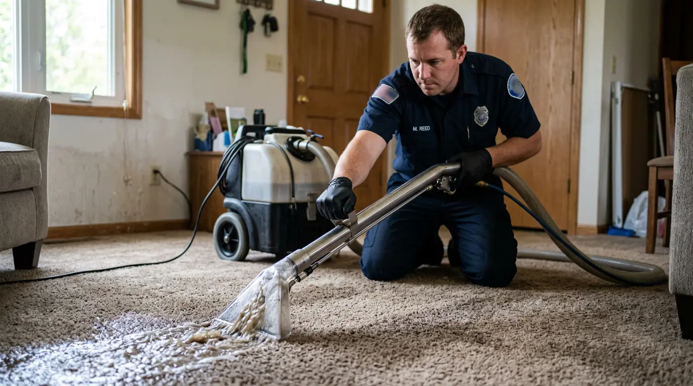 Gold Tech Restoration technician extracting water from a flooded home in Sayville